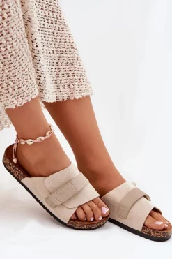 Klapki Damskie Z Rzepem Na Korkowej Platformie Beżowe Baylin