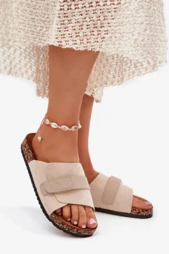 Klapki Damskie Z Rzepem Na Korkowej Platformie Beżowe Baylin