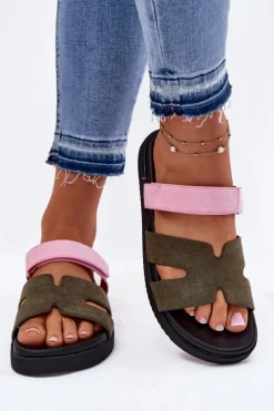 Klapki Damskie Z Rzepem Vinceza 17401 Zielono-Różowe