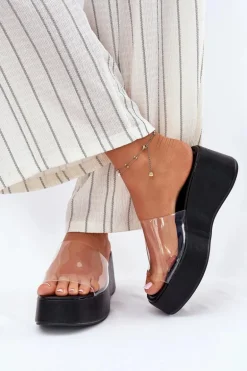 Klapki Damskie Z Transparentnym Paskiem Na Koturnie Czarne Meltiana