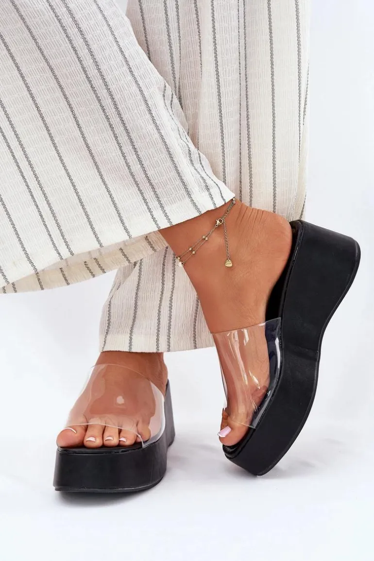 Klapki Damskie Z Transparentnym Paskiem Na Koturnie Czarne Meltiana