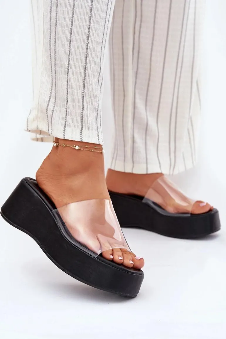 Klapki Damskie Z Transparentnym Paskiem Na Koturnie Czarne Meltiana