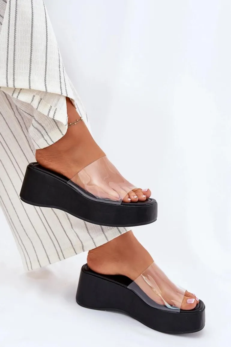 Klapki Damskie Z Transparentnym Paskiem Na Koturnie Czarne Meltiana