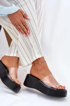 Klapki Damskie Z Transparentnym Paskiem Na Koturnie Czarne Meltiana