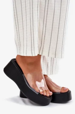 Klapki Damskie Z Transparentnym Paskiem Na Koturnie Czarne Meltiana