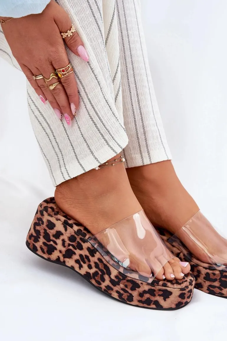 Klapki Damskie Z Transparentnym Paskiem Na Koturnie Panterka Meltiana