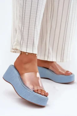 Klapki Damskie Z Transparentnym Paskiem Na Koturnie Jeansowe Meltiana