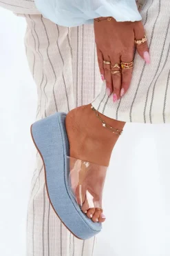 Klapki Damskie Z Transparentnym Paskiem Na Koturnie Jeansowe Meltiana