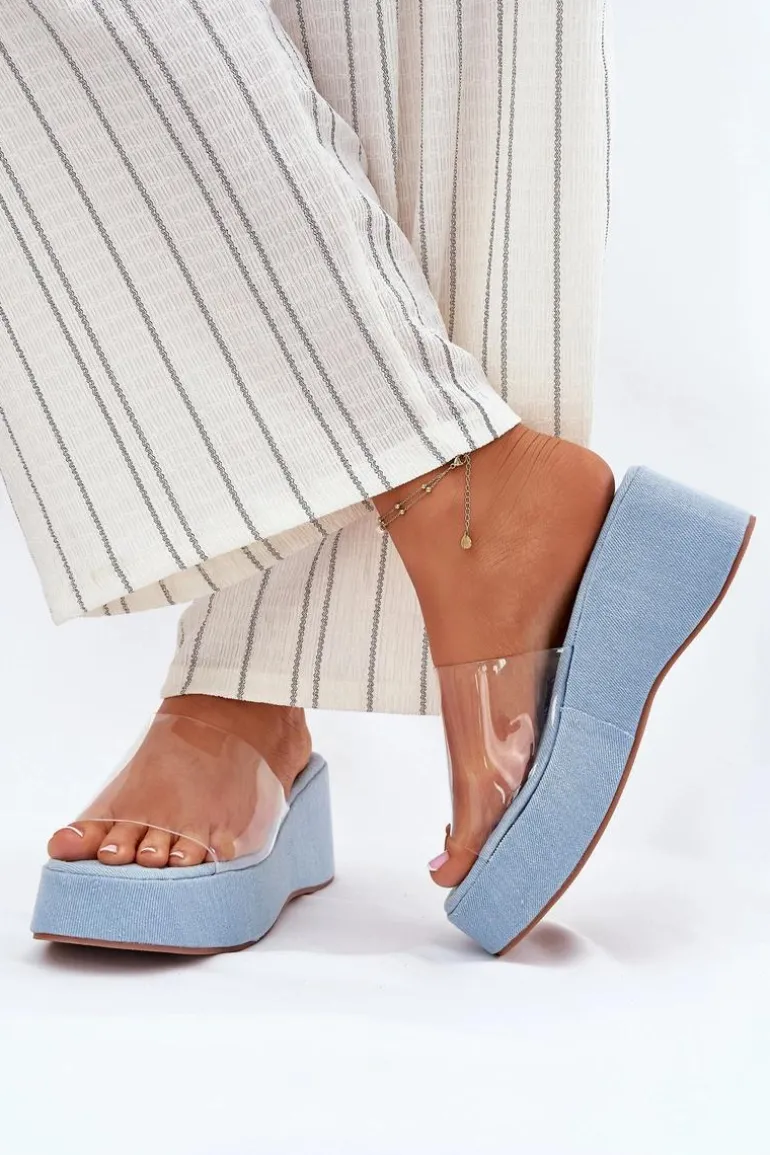 Klapki Damskie Z Transparentnym Paskiem Na Koturnie Jeansowe Meltiana