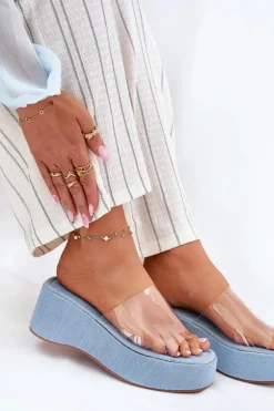 Klapki Damskie Z Transparentnym Paskiem Na Koturnie Jeansowe Meltiana