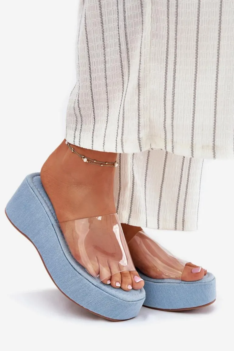 Klapki Damskie Z Transparentnym Paskiem Na Koturnie Jeansowe Meltiana