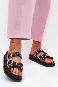 Klapki Damskie Z Ćwiekami I Klamrami Czarne Tesiolle