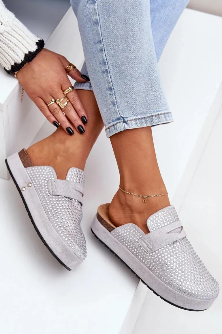 Klapki Damskie Zdobione Cyrkoniami Na Platformie Szare Deorani