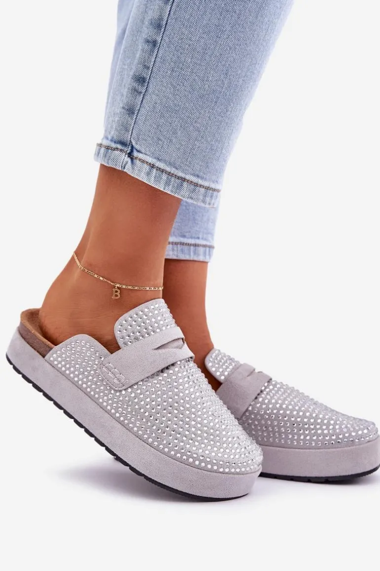 Klapki Damskie Zdobione Cyrkoniami Na Platformie Szare Deorani