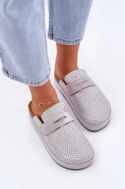 Klapki Damskie Zdobione Cyrkoniami Na Platformie Szare Deorani