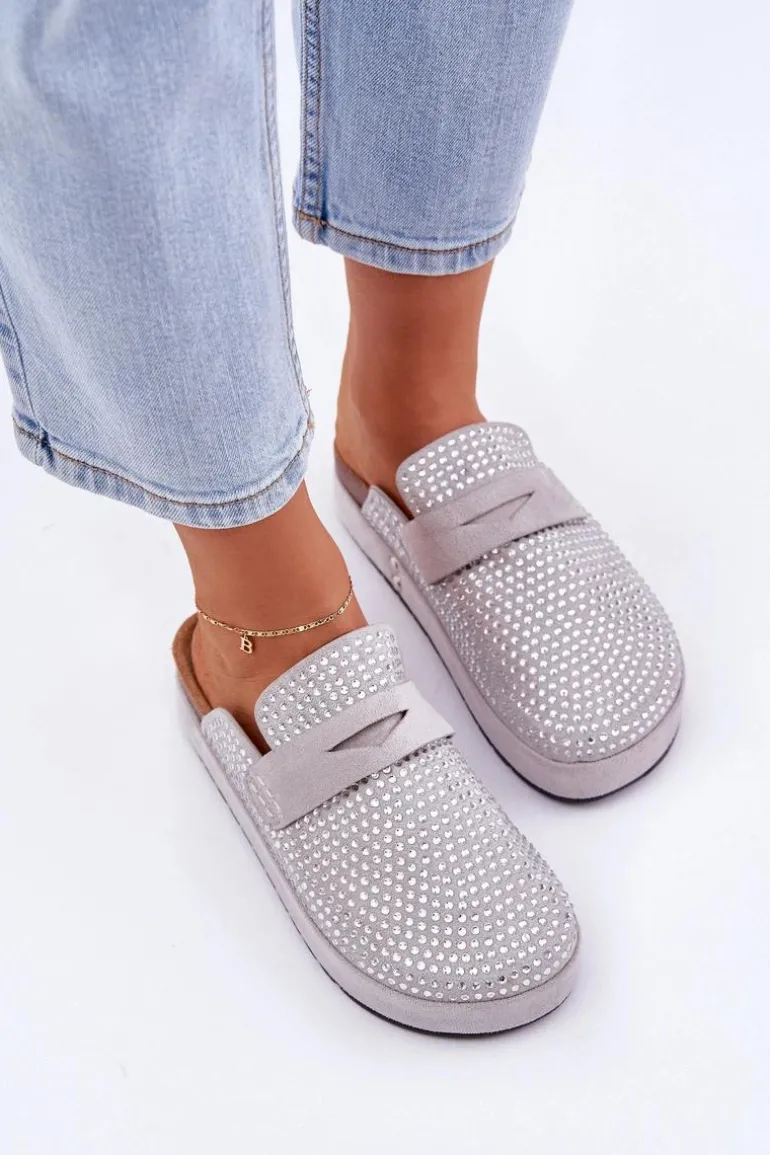 Klapki Damskie Zdobione Cyrkoniami Na Platformie Szare Deorani
