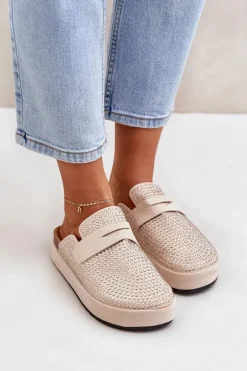 Klapki Damskie Zdobione Cyrkoniami Na Platformie Beżowe Deorani