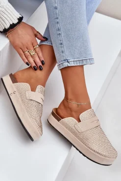 Klapki Damskie Zdobione Cyrkoniami Na Platformie Beżowe Deorani