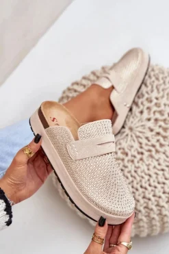 Klapki Damskie Zdobione Cyrkoniami Na Platformie Beżowe Deorani