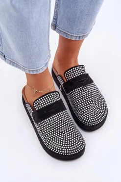 Klapki Damskie Zdobione Cyrkoniami Na Platformie Czarne Deorani