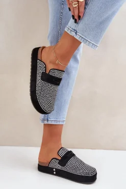 Klapki Damskie Zdobione Cyrkoniami Na Platformie Czarne Deorani