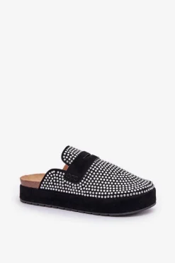 Klapki Damskie Zdobione Cyrkoniami Na Platformie Czarne Deorani