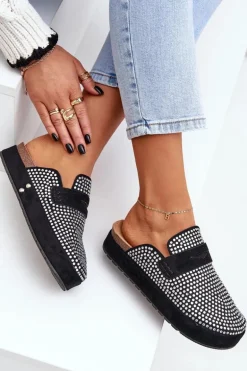 Klapki Damskie Zdobione Cyrkoniami Na Platformie Czarne Deorani