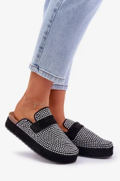 Klapki Damskie Zdobione Cyrkoniami Na Platformie Czarne Deorani