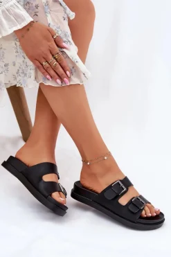 Klapki Damskie Ze Srebrnymi Klamrami Czarne Sonarea