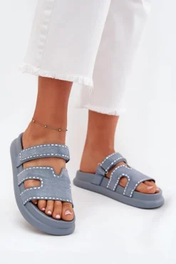 Klapki Damskie Ze Zdobieniem Na Platformie Niebieskie Delyna