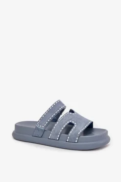 Klapki Damskie Ze Zdobieniem Na Platformie Niebieskie Delyna