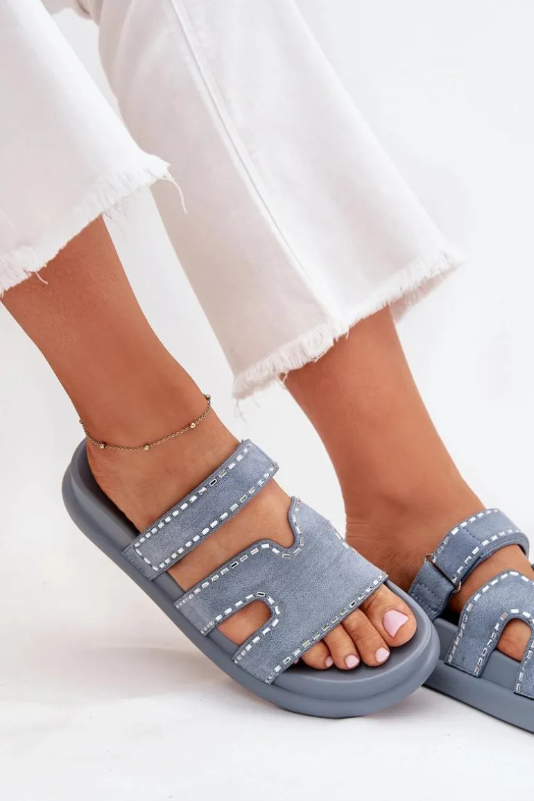 Klapki Damskie Ze Zdobieniem Na Platformie Niebieskie Delyna