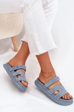 Klapki Damskie Ze Zdobieniem Na Platformie Niebieskie Delyna