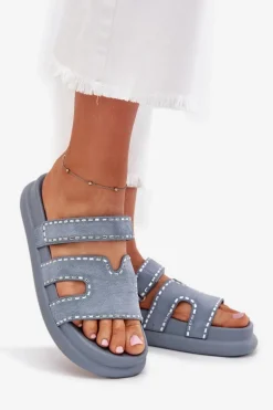 Klapki Damskie Ze Zdobieniem Na Platformie Niebieskie Delyna