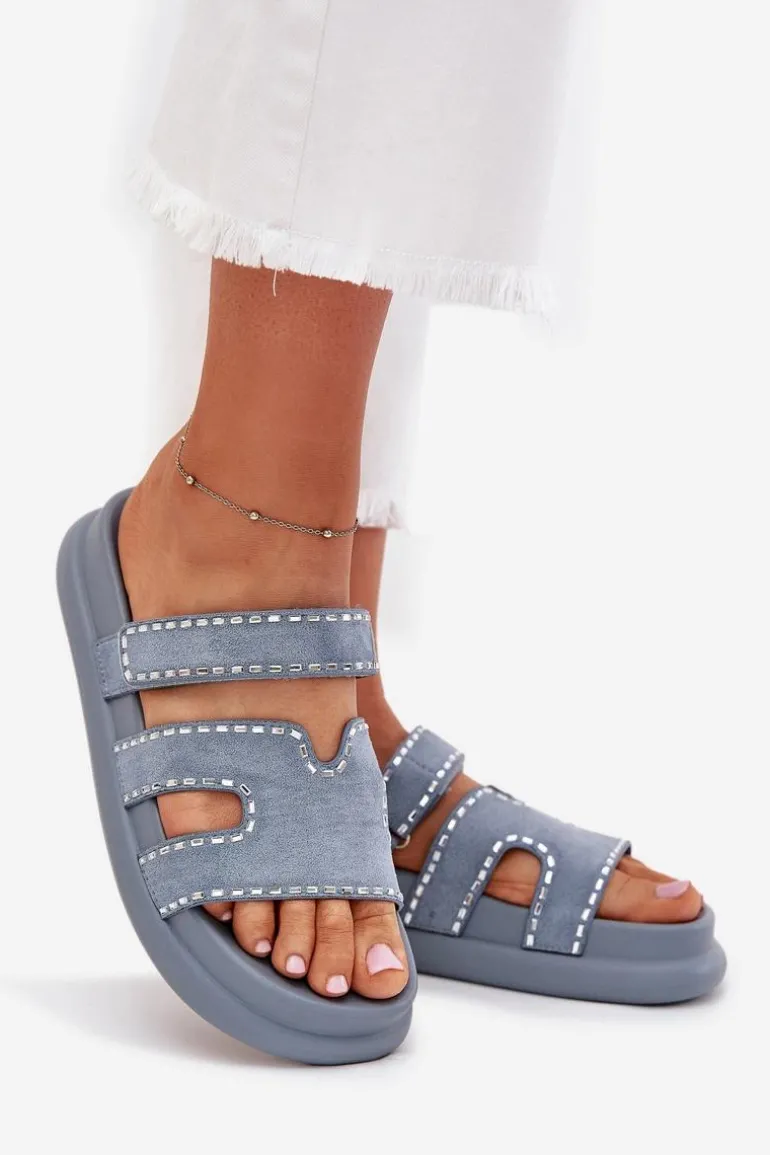 Klapki Damskie Ze Zdobieniem Na Platformie Niebieskie Delyna