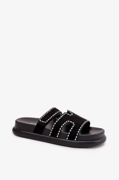 Klapki Damskie Ze Zdobieniem Na Platformie Czarne Delyna