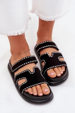 Klapki Damskie Ze Zdobieniem Na Platformie Czarne Delyna