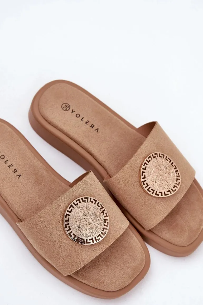 Klapki Damskie Ze Złotą Ozdobą Beżowe Kaliora