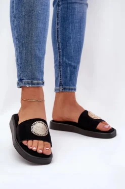 Klapki Damskie Ze Złotą Ozdobą Czarne Kaliora