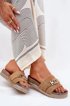 Klapki Damskie Ze Złotym Detalem Na Platformie Z Brokatem Camel Eanes