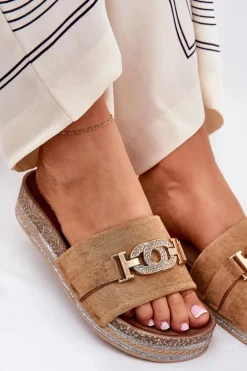 Klapki Damskie Ze Złotym Detalem Na Platformie Z Brokatem Camel Eanes