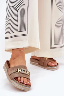 Klapki Damskie Ze Złotym Detalem Na Platformie Z Brokatem Khaki Eanes