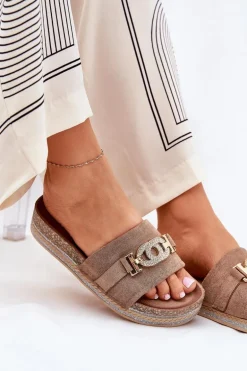 Klapki Damskie Ze Złotym Detalem Na Platformie Z Brokatem Khaki Eanes