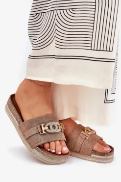 Klapki Damskie Ze Złotym Detalem Na Platformie Z Brokatem Khaki Eanes