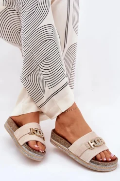 Klapki Damskie Ze Złotym Detalem Na Platformie Z Brokatem Beżowe Eanes