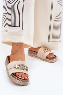 Klapki Damskie Ze Złotym Detalem Na Platformie Z Brokatem Beżowe Eanes