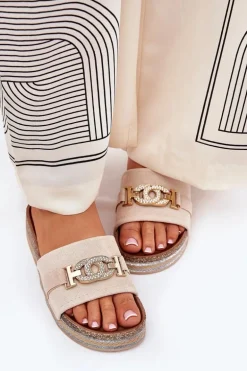 Klapki Damskie Ze Złotym Detalem Na Platformie Z Brokatem Beżowe Eanes