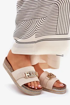 Klapki Damskie Ze Złotym Detalem Na Platformie Z Brokatem Beżowe Eanes