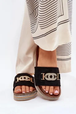 Klapki Damskie Ze Złotym Detalem Na Platformie Z Brokatem Czarne Eanes