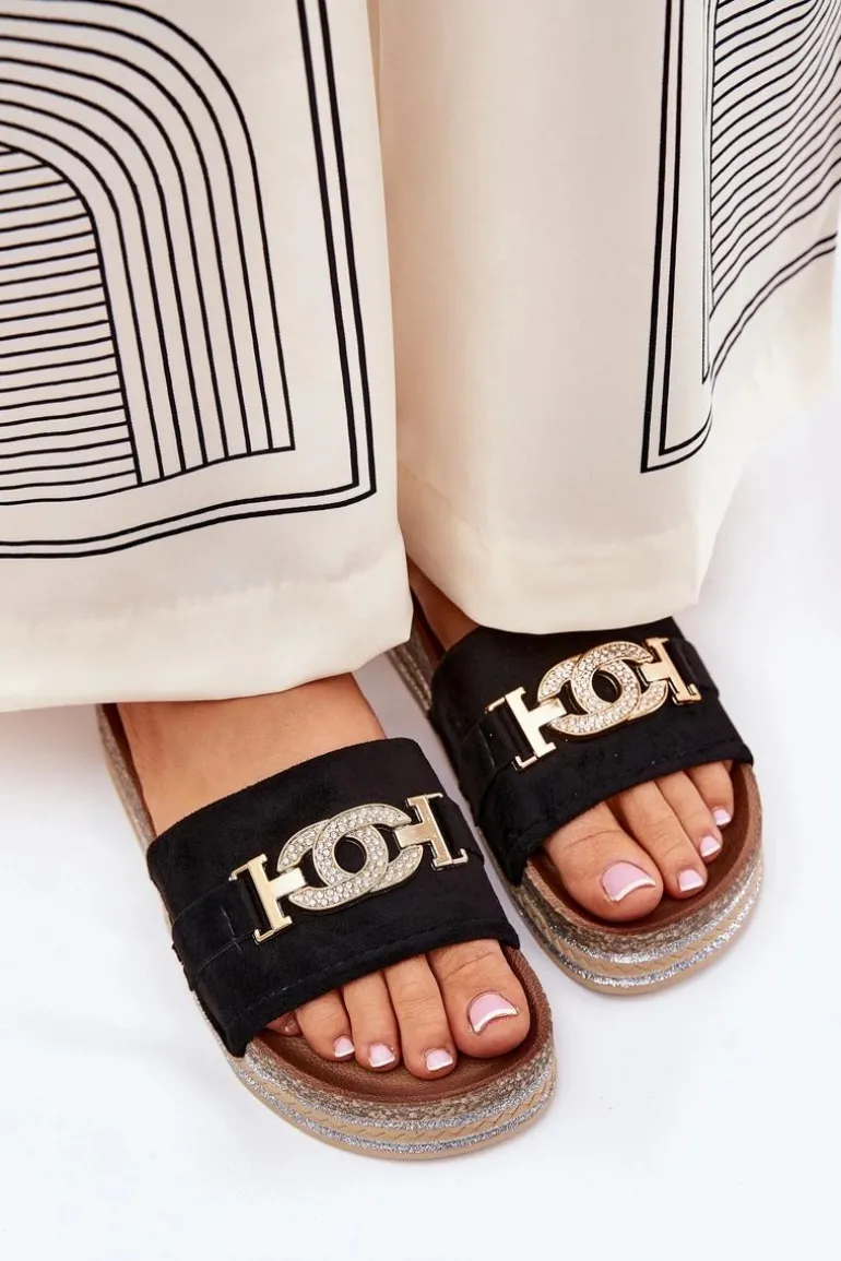 Klapki Damskie Ze Złotym Detalem Na Platformie Z Brokatem Czarne Eanes